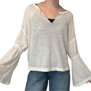 Free People Sweater Knit White V-Neck Boho Oversized Slouchy Size Extra Small